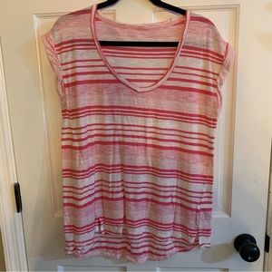 Gap White w/ Bright Pink Stripes Short Sleeve T-shirt Womens sz L rounded v-neck